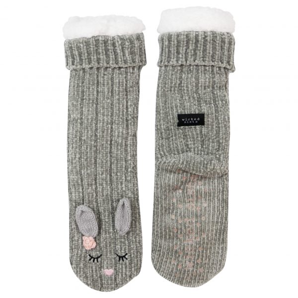 Grey chenille bunny slipper socks