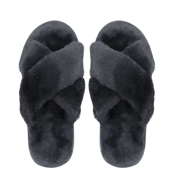 Black plush slipper slides