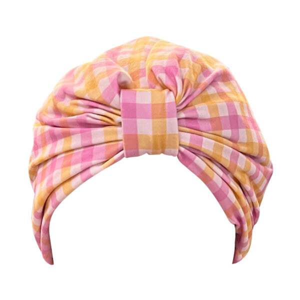 Bright gingham turban shower cap