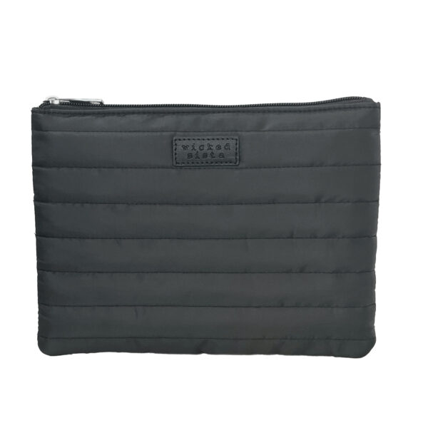 Black quilted flat cosmetic bag