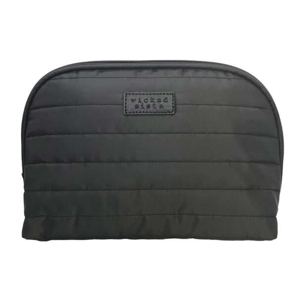 Black quilted medium round shell cosmetic bag