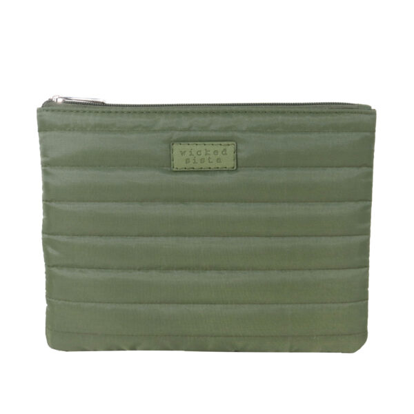 Khaki quilted flat cosmetic bag
