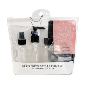 Black & pink 5 piece travel bottle & pouch set