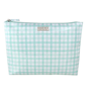 Mint gingham extra large flat cosmetic bag